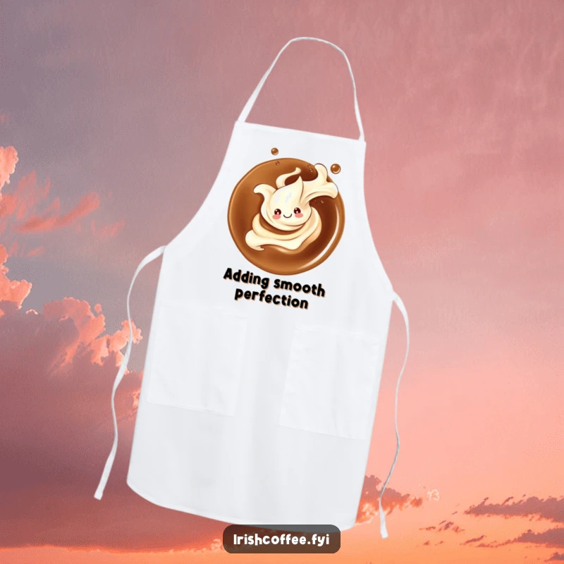 Funny apron featuring a smiling splash of cream elegantly dancing in coffee, perfect for adding style and fun to the kitchen.