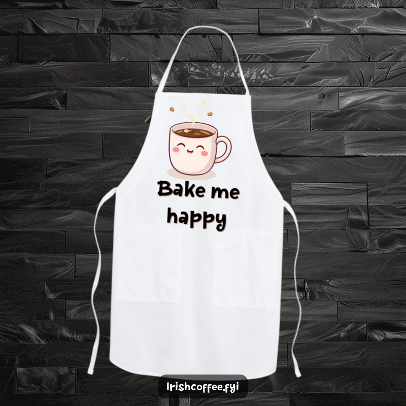 Funny apron with a giggling coffee mug design, perfect for chefs and home cooks who enjoy humor while preparing food.