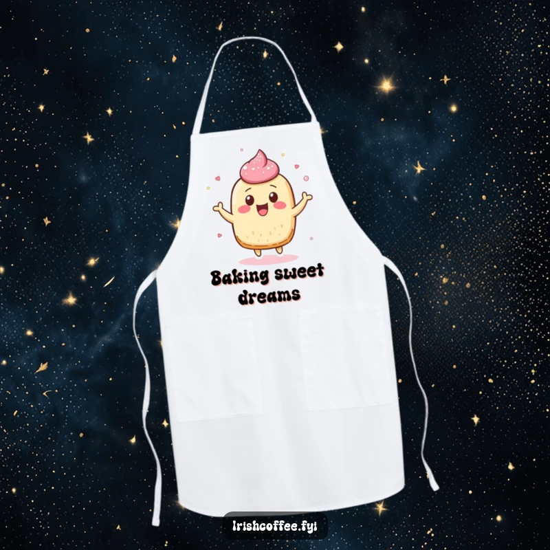 Funny apron depicting a cheerful pastry character bouncing joyfully, with sugar dusting flying, perfect for baking fun.