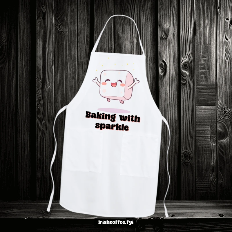 Funny apron adorned with a gleeful sugar cube leaping with joy, scattering tiny sparkles, ideal for humorous and sweet culinary experiences.