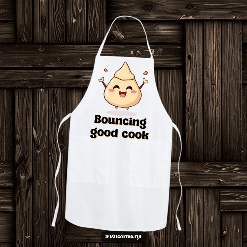 Funny apron with a coffee liquor dollop happily bouncing, perfect for a cheerful cook.