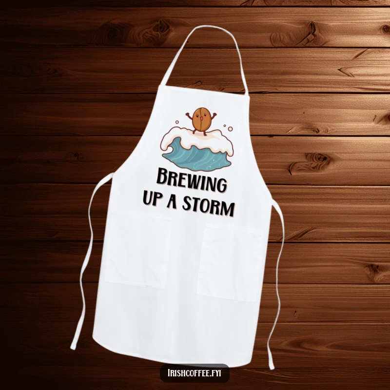 Funny coffee bean apron featuring a dancing bean on a frothy wave, perfect for coffee lovers.