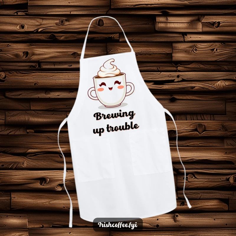 Funny apron with a steaming coffee cup character winking with cream, ready to add humor to any cooking session.
