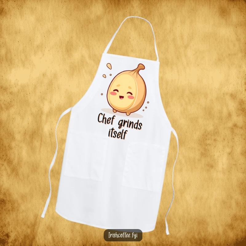 Funny apron with a winking nutmeg character grating itself, adding witty spice and humor to cooking.