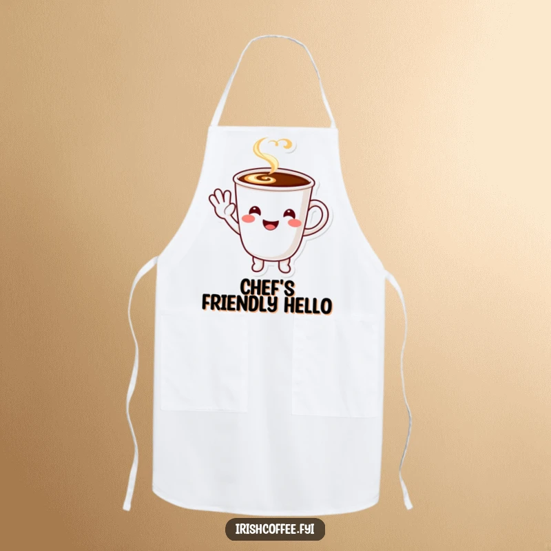 Funny smiling coffee cup character performing a happy wave, protective apron for cooking.
