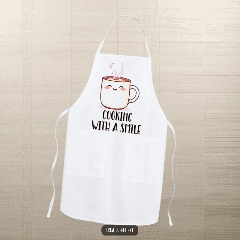Funny steaming mug character apron, with a cheerful rosy blush, ideal for kitchen use and bringing humorous delight, wonderful funny gift.