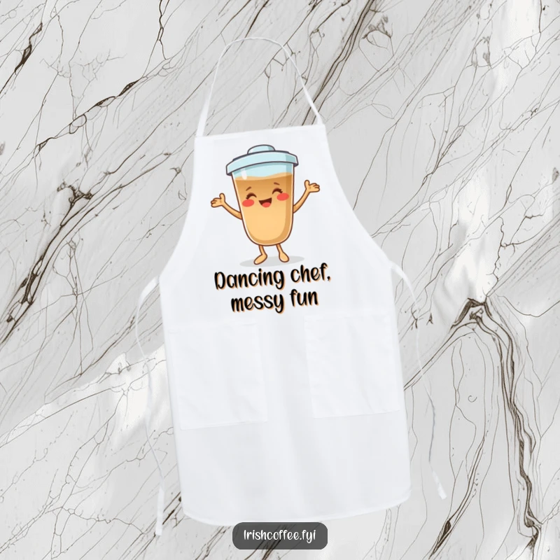 Funny coffee character apron smiling and dancing playfully, making cooking and serving a joyful and humorous activity.