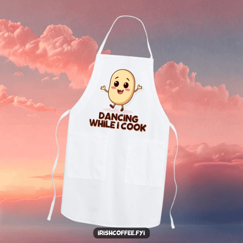 Funny kitchen apron featuring an animated coffee bean character in a tap dancing motion, adding fun to cooking.