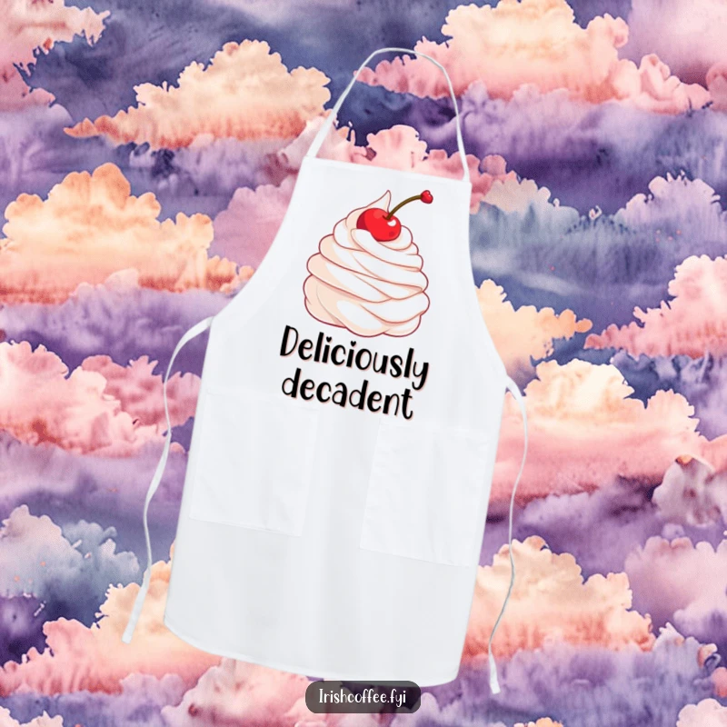 Funny apron illustration of a happy whipped cream dollop beside a cherry in mid-twirl, perfect for baking and kitchen fun.