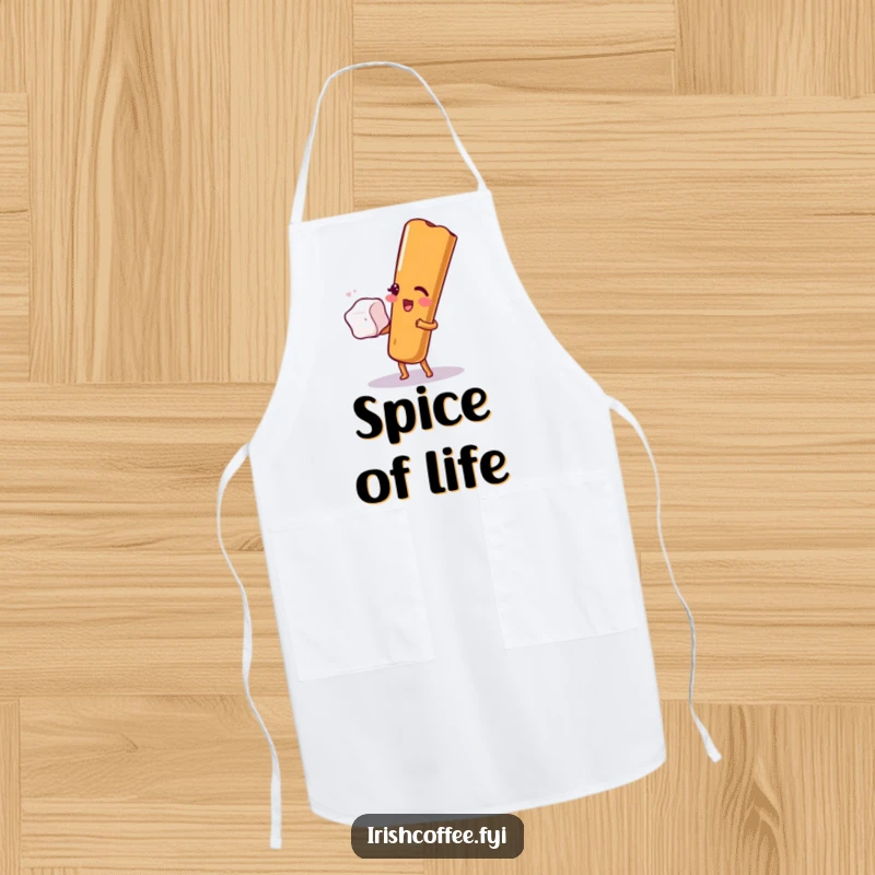 Funny apron illustration of a cinnamon stick winking while balancing a sugar cube, perfect for cooking with spice and humor.