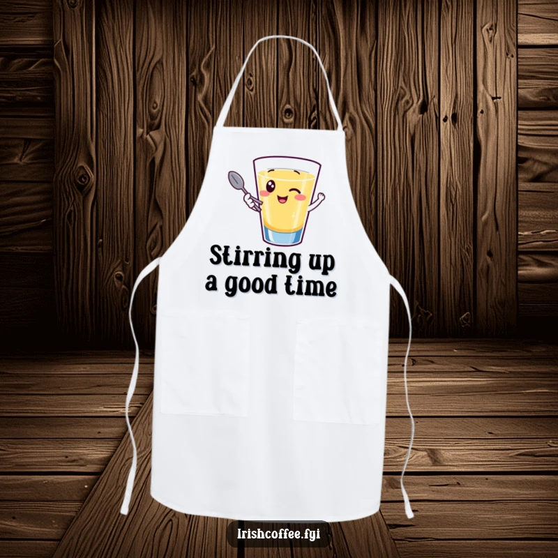 Funny apron illustration of a giggling shot glass character winking while holding a tiny spoon, perfect for party hosting and fun.