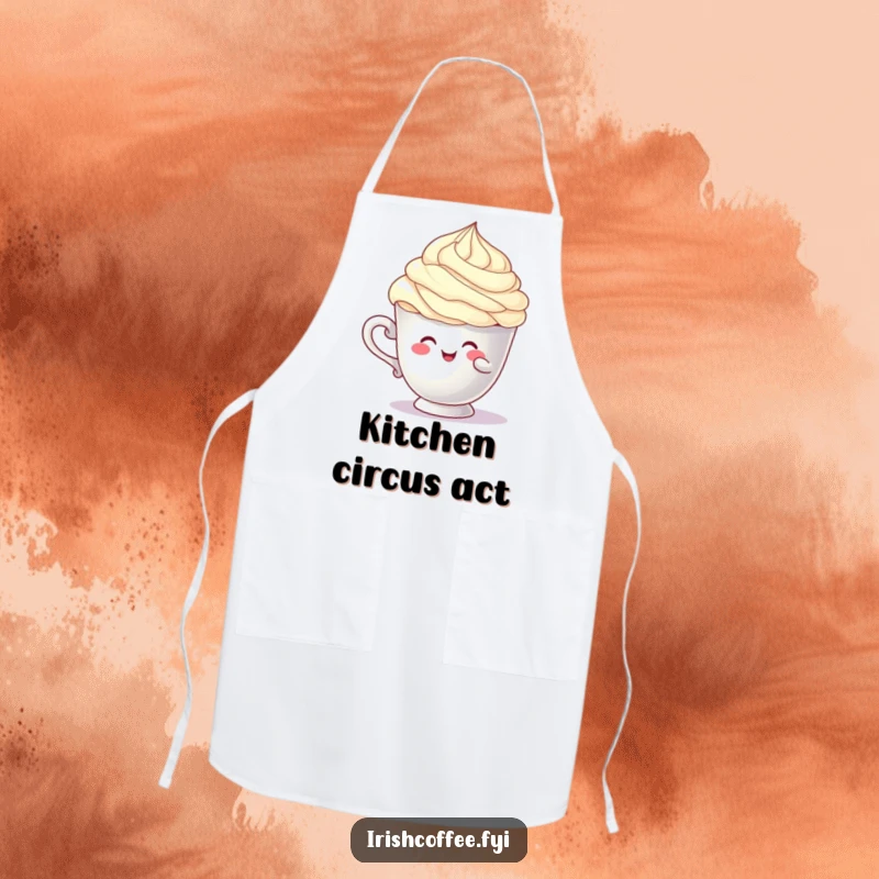 Funny cup character apron comically balancing a cream swirl, ideal for kitchen use and bringing humorous delight, wonderful funny gift.