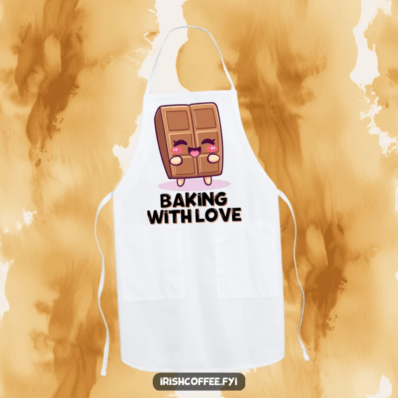 Funny chocolate character winking and wiggling with delight on a kitchen apron, adding sweetness and humor to cooking.