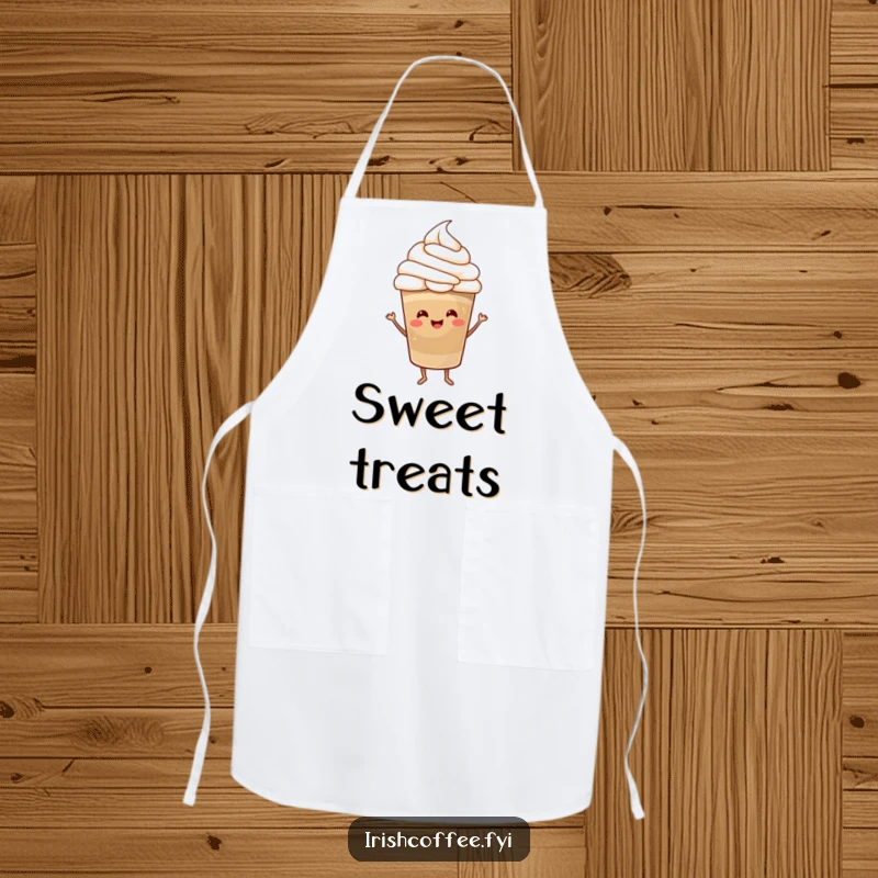 Funny Apron featuring a happy coffee cup with a whipped cream hat dancing cheerfully, perfect for adding a playful vibe to kitchen tasks.