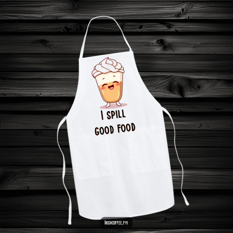Funny apron with a giggling coffee character, whipped cream hair, in a silly wobble, adding humor to kitchen activities.