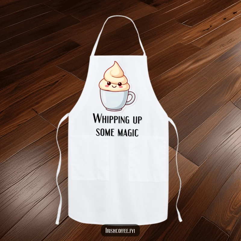 Funny apron displaying a happy cream dollop character with a playful swirl, ready for kitchen fun and spills.