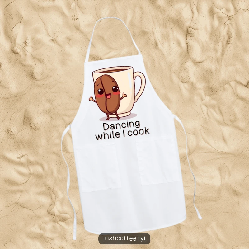Funny apron featuring a coffee bean character performing a fun dance, perfect for adding energy and humor to cooking.