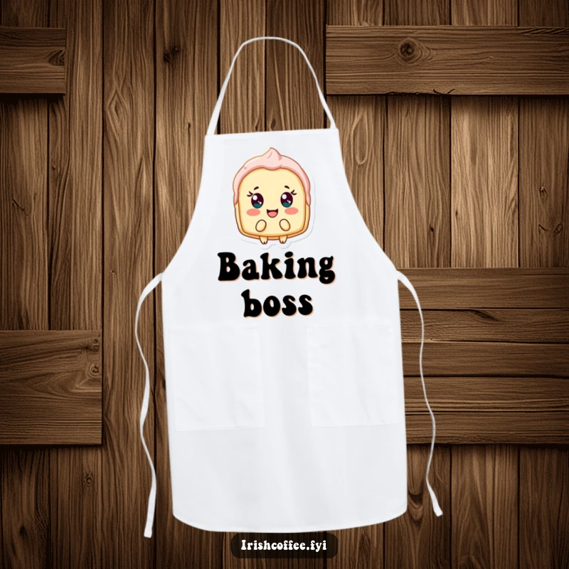 Funny apron showing a delighted pastry shard bobbing merrily, providing kitchen protection with a humorous baking design.