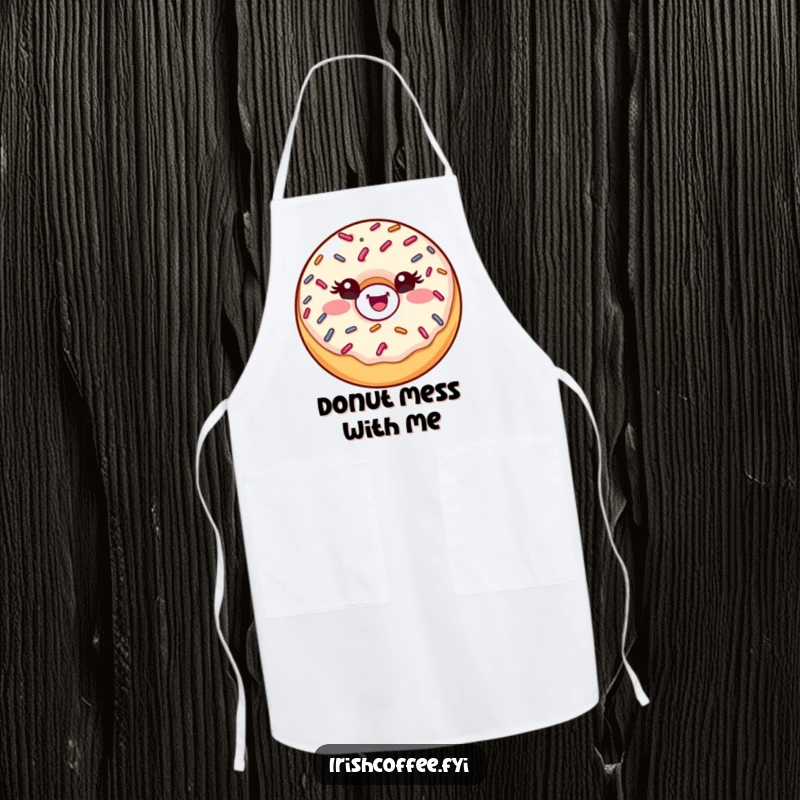 Funny donut apron featuring a winking sprinkle donut, perfect for baking and cooking with cheer.