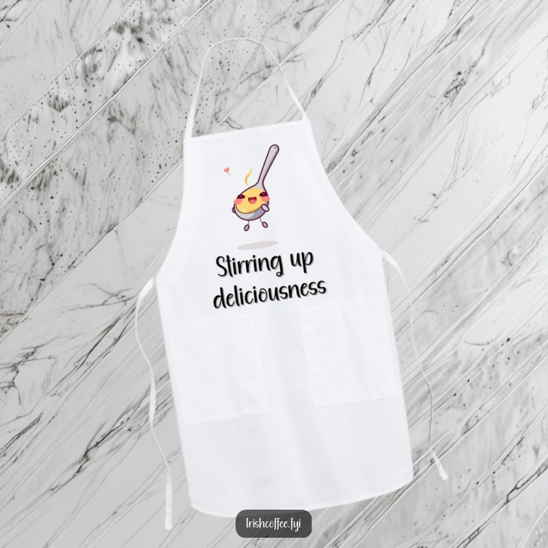 Funny Apron: A cheerful teaspoon busily stirring, bringing playful energy to the kitchen. Ideal for chefs who love to add humor to their cooking.