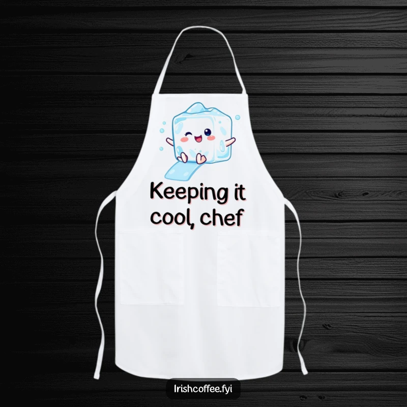 Funny apron depicting a delighted ice cube character mid-slide, ready for kitchen adventures with a cool attitude.
