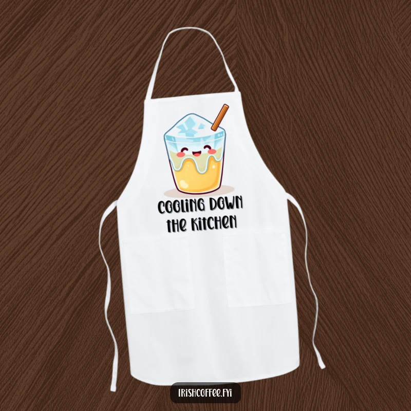 Funny apron featuring a content melting ice cube in a warm beverage, perfect for adding a relaxed and humorous touch to cooking.