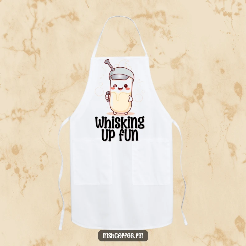 Funny apron depicting a smiling milk frother character creating bubbly foam, ideal for kitchen use with a humorous touch.