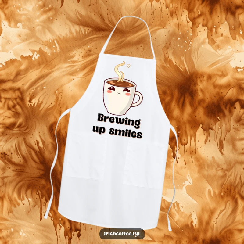 Funny apron featuring a steaming coffee mug winking, bringing kitchen humor to coffee brewing.