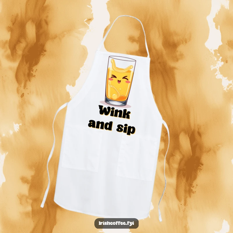 Funny apron with a happy whiskey glass, liquid swirling inside, slyly winking while preparing food.