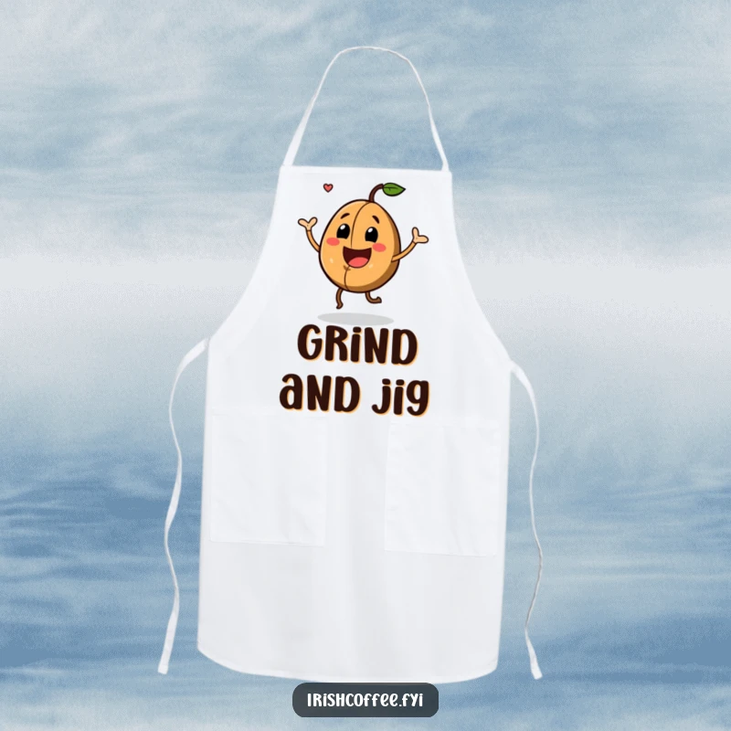 Funny Apron showcasing a joyful coffee bean performing a happy jig, perfect for adding energy to cooking and baking.