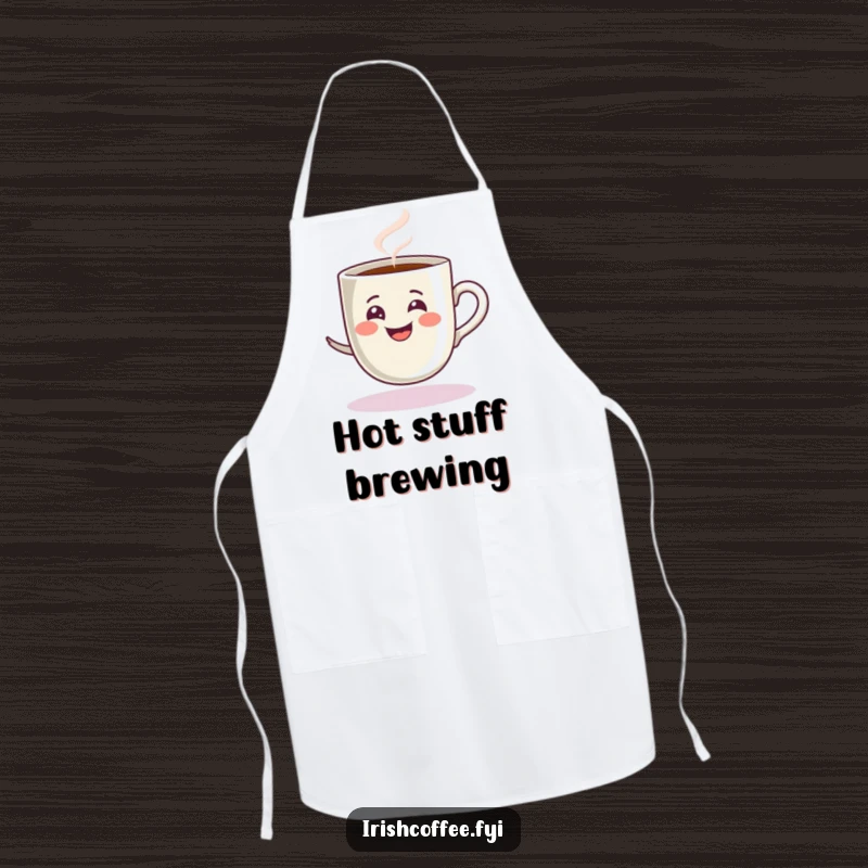 Funny apron with a steamy grinning espresso cup spinning playfully, a humorous and practical kitchen accessory.