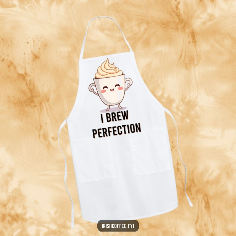 Funny apron with a smiling coffee cup character performing a lively jig with swirling cream, ideal for kitchen fun and protection.