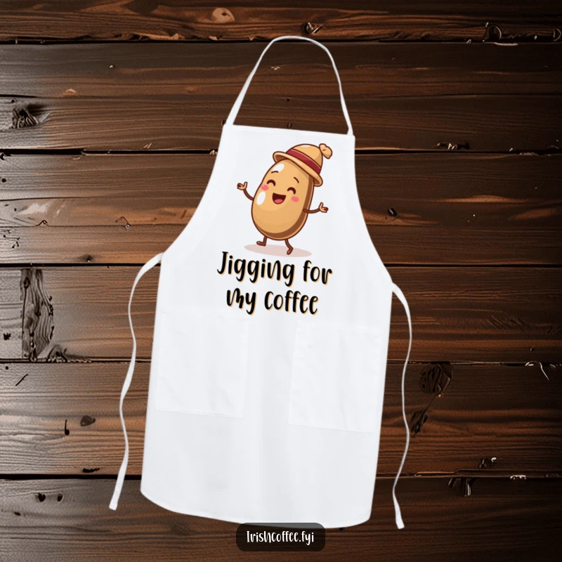 Funny apron displaying a delighted coffee bean in a miniature hat, performing an energetic and lively jig, ideal for humorous kitchen antics.