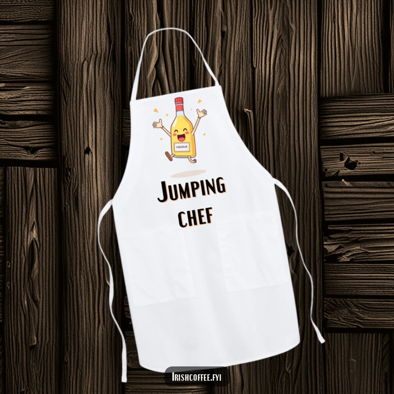 Funny apron with a delighted liqueur bottle leaping joyfully in celebration, perfect for kitchen fun.