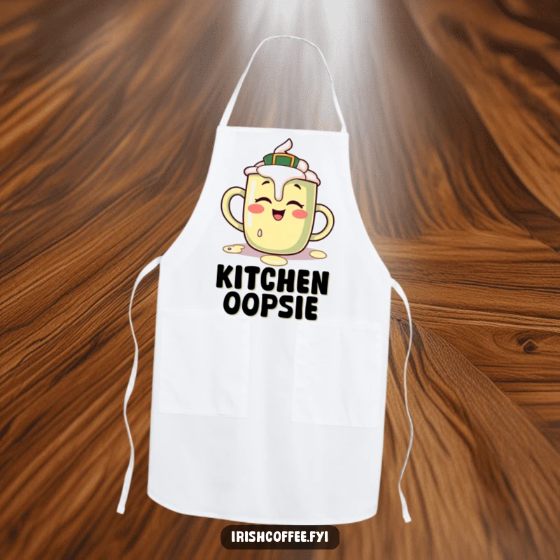Funny apron with a giggling Irish coffee mug character spilling a bit of cream, adding humor and protection to cooking.