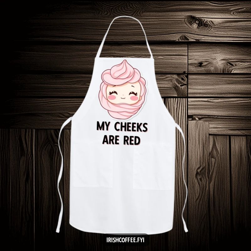 Funny apron with a shy whipped cream swirl character blushing, perfect for kitchen duties with a touch of sweet humor.