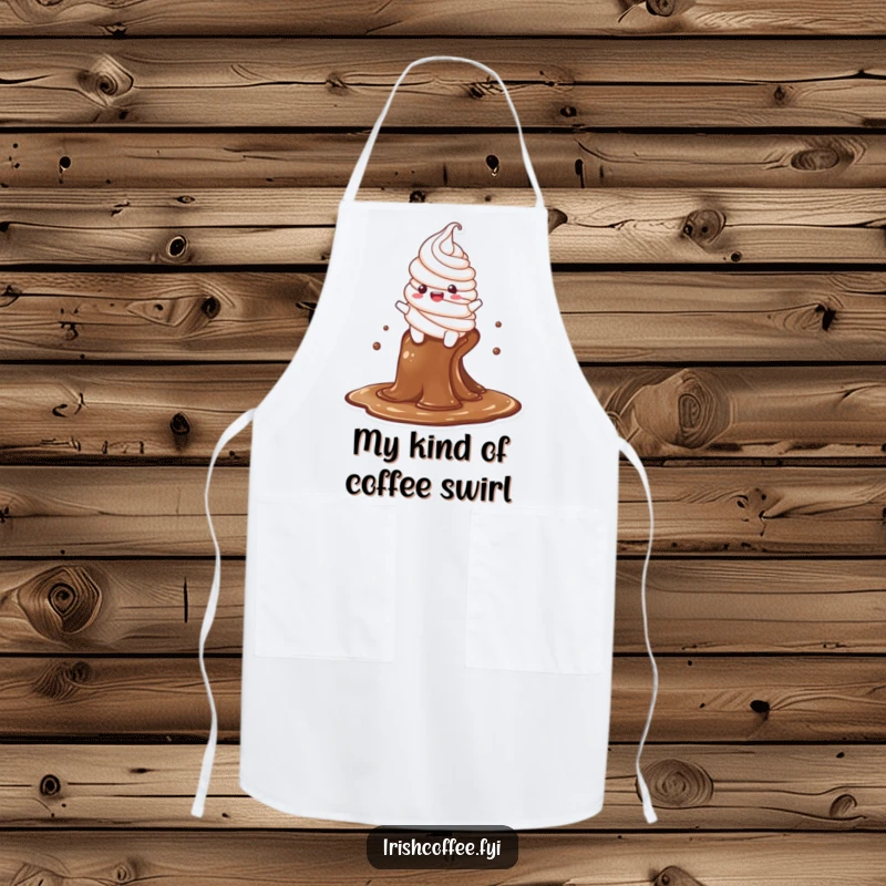 Funny apron with a delighted whipped cream character sliding down a coffee stream, adding humor and protection to your cooking sessions.