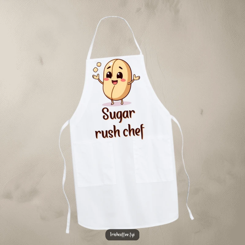 Funny apron with a smiling coffee bean character juggling sugar cubes, a humorous and practical kitchen accessory.