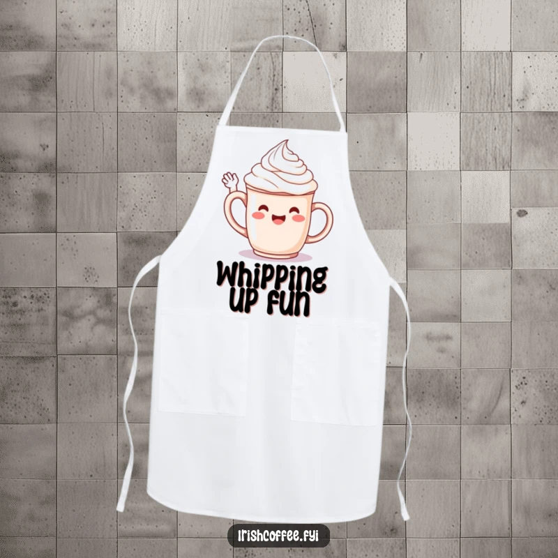 Funny apron with a jubilant whipped cream character on a mug, cheerfully waving hello while cooking.