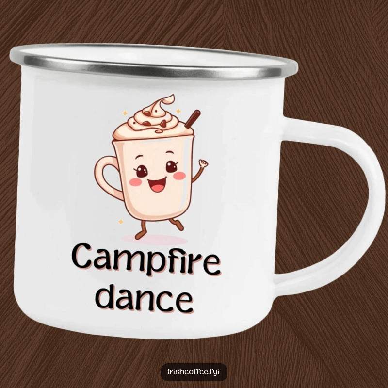 Funny camping mug with a happy hot chocolate mug dancing, perfect for cozy outdoor fun.