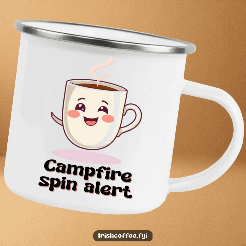 Funny camping mug with a steamy grinning espresso cup spinning playfully, ready for outdoor adventures and energetic coffee moments.