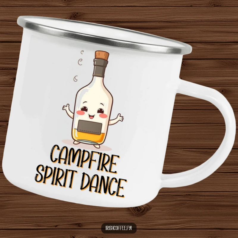 Funny camping mug showing a smiling whisky bottle with steam, humorously performing a wobbly dance, designed for outdoor fun and spirited enjoyment.