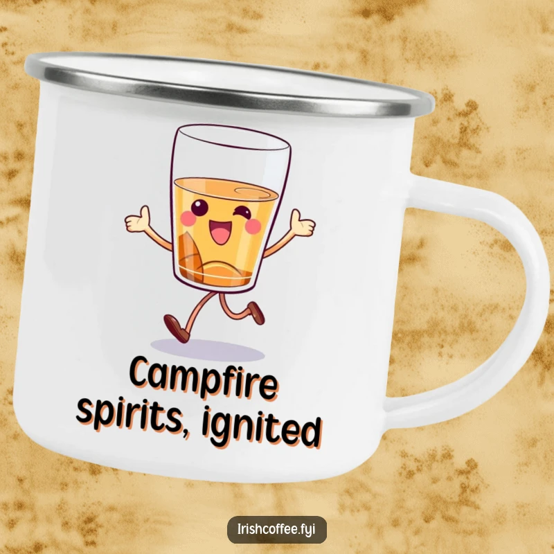 Funny whiskey glass camping mug with a cartoon character hopping joyfully, ideal for outdoor adventures and humorous sipping.