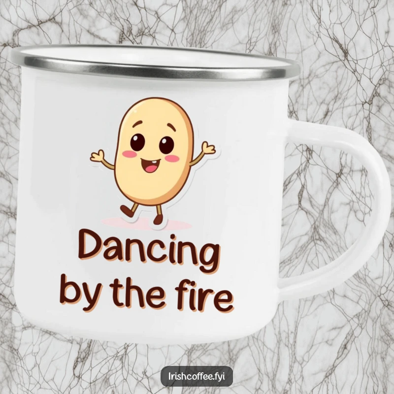 Funny enamel camping mug featuring a lively coffee bean character in a tap dancing pose, perfect for outdoor enjoyment.