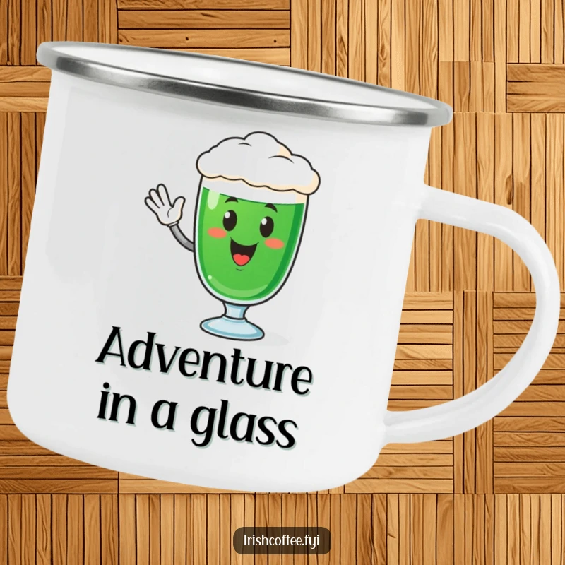 Funny enamel camping mug with a cheerful Irish coffee glass character waving, designed for durability and a dose of humor.