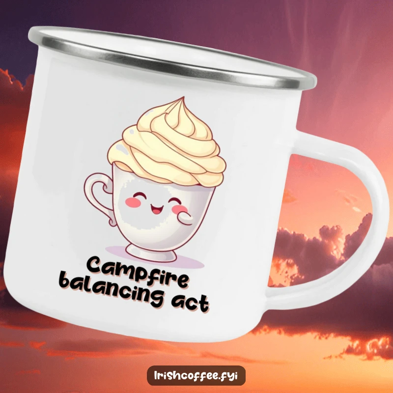 Funny cup character camping mug comically balancing a cream swirl, designed for outdoor enjoyment and humorous relatability, great funny gift.