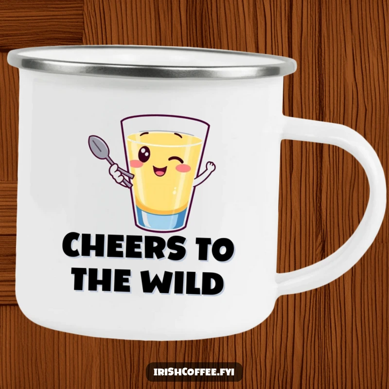 Funny camping mug with a giggling shot glass and winking design, ready for outdoor parties and amusing sips.