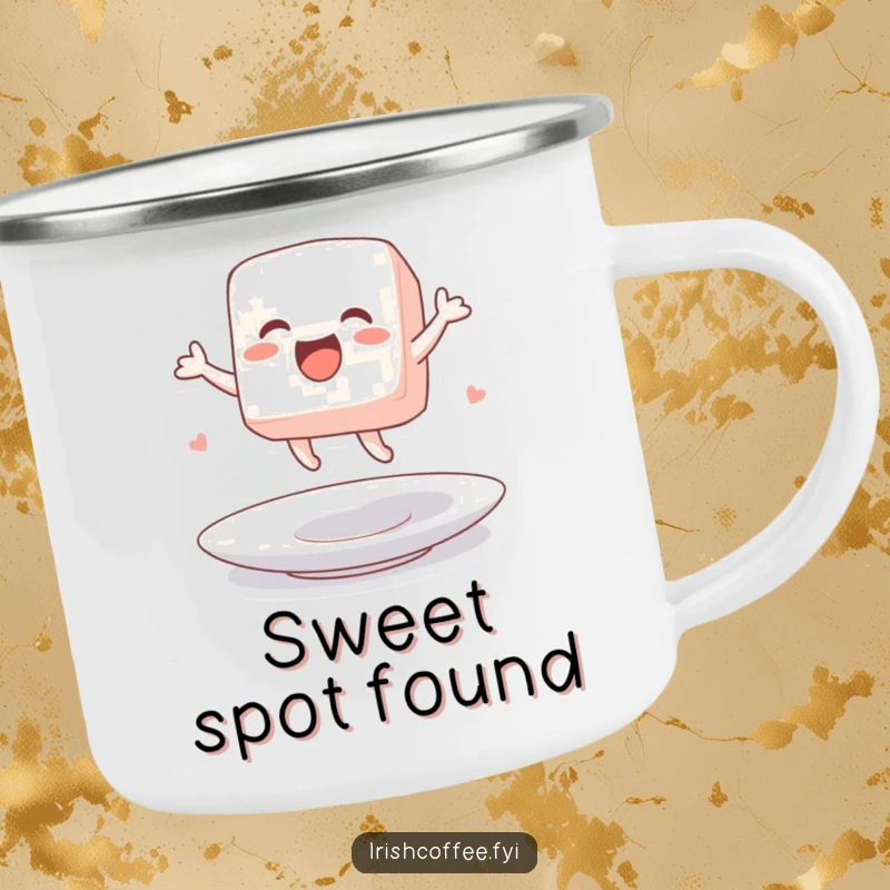 Funny camping mug with a sugar cube character excitedly jumping on a saucer, ideal for sweet outdoor moments.