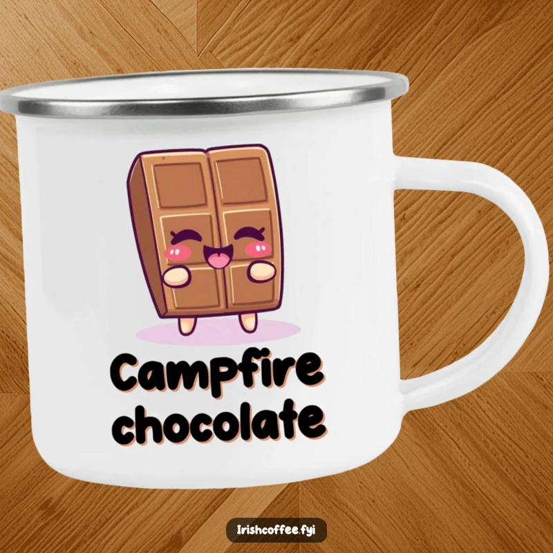 Funny chocolate piece winking and wiggling with delight on a camping mug, bringing sweet humor outdoors.