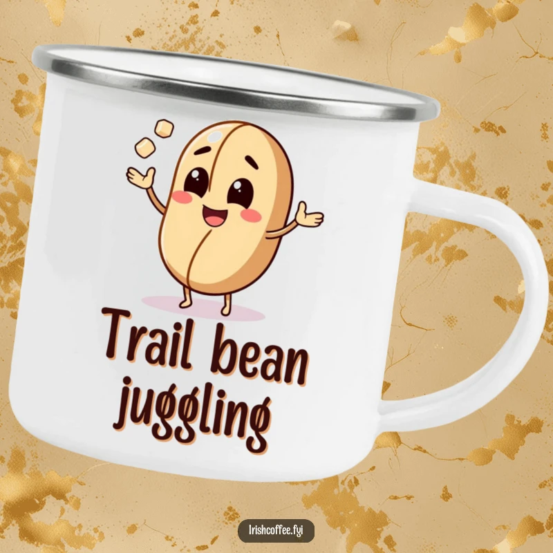Funny camping mug with a cheerful coffee bean character juggling sugar cubes, ready for outdoor adventures and caffeinated fun.